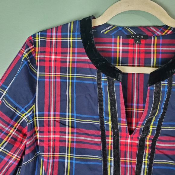 J Crew Tartan Plaid Stewart Classic Red Black Velvet Trim Top Blouse Size Medium - Picture 4 of 5